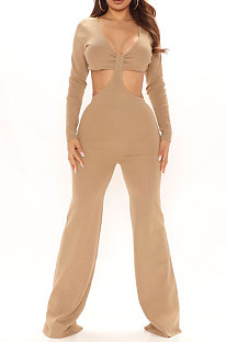 Khaki Club Ribber Long Sleeve V Neck Hollow Out Solid Color Slim Fitting Flare Jumpsuits YT3291-2