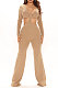 Khaki Club Ribber Long Sleeve V Neck Hollow Out Solid Color Slim Fitting Flare Jumpsuits YT3291-2