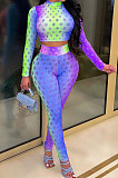 Red Colorful Long Sleeve High Neck Crop Top Pencil Pants Hollow Out See-Through Sets YT3290-2