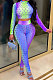Blue Colorful Long Sleeve High Neck Crop Top Pencil Pants Hollow Out See-Through Sets YT3290-3