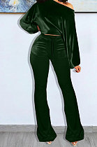 Drak Green Wholesale Velvet Long Sleeve Oblique Shoulder Top Flare Pants Solid Color Sets YX9298-3