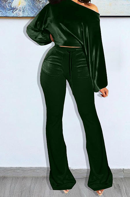 Drak Green Wholesale Velvet Long Sleeve Oblique Shoulder Top Flare Pants Solid Color Sets YX9298-3