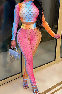 Red Colorful Long Sleeve High Neck Crop Top Pencil Pants Hollow Out See-Through Sets YT3290-2