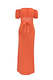 Orange Euramerican Women Solid Color Backless A Word Shoulder Mid Waist Long Dress ED8523-1