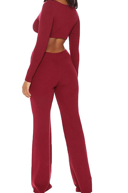 Black Club Ribber Long Sleeve V Neck Hollow Out Solid Color Slim Fitting Flare Jumpsuits YT3291-4