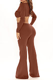 Khaki Club Ribber Long Sleeve V Neck Hollow Out Solid Color Slim Fitting Flare Jumpsuits YT3291-2