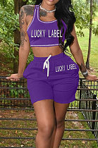 Purple Casual Letter Print Tank Shorts Solid Color Sport Sets YSH86245-5
