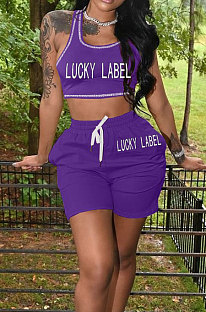 Purple Casual Letter Print Tank Shorts Solid Color Sport Sets YSH86245-5
