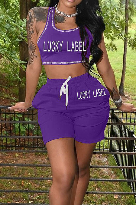 Purple Casual Letter Print Tank Shorts Solid Color Sport Sets YSH86245-5
