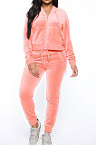 Black Women Korea Velvet Ribber Spliced Pure Color Long Sleeve Cardigan Hooded Casual Pants Sets Q950-3