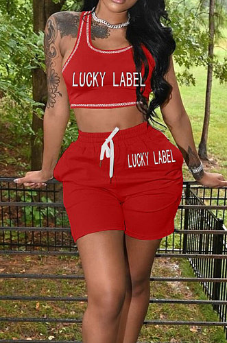 Red Casual Letter Print Tank Shorts Solid Color Sport Sets YSH86245 -1