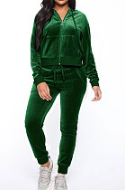 Dark Green Women Korea Velvet Ribber Spliced Pure Color Long Sleeve Cardigan Hooded Casual Pants Sets Q950-4