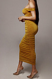 Pink Ruffle Sexy A Word Shoulder Bodycon Pure Color Korea Velvet Long Dress MY9351-1
