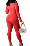 Red Cotton Blend Long Sleeve Bandage Top Bodycon Pants Solid Color Sets ZNN9108-2