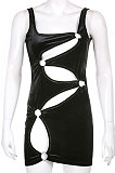 Black Euramerican Sexy Ring Hollow Out Hip Velvet Solid Color Condole Belt Mini Dress HLR17140