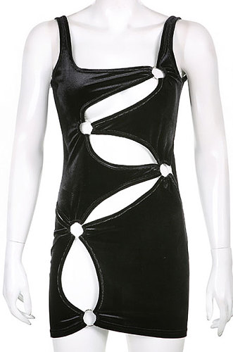 Black Euramerican Sexy Ring Hollow Out Hip Velvet Solid Color Condole Belt Mini Dress HLR17140