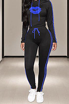 Royal Blue Side Stripe Lips Print Long Sleeve Hoodie Sweat Pants Casual Sets YMT6233-1