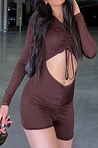 Brown Women Pure Color Sport Casual Drawsting Hollow Out Tied Long Sleeve Romper Shorts HLR16288