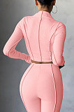Light Blue Women Autumn Mid High Collar Ribber Solid Color Bodycon High Waist Pants Sets Q959-5