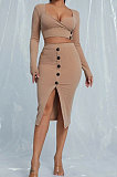 Khaki Sexy Long Sleeve Low-Cut Crop Tops  Button Front Wrap Skirts Sets YNS1626