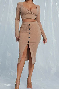 Khaki Sexy Long Sleeve Low-Cut Crop Tops  Button Front Wrap Skirts Sets YNS1626