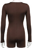 Brown Women Pure Color Sport Casual Drawsting Hollow Out Tied Long Sleeve Romper Shorts HLR16288