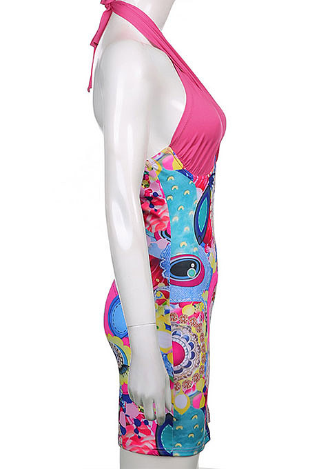Red Women Printing Spliced Backless Solid Color Cross Hallter Neck Hip Mini Dress HLR17939