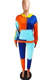 Peacock Blue Newest Spliced Long Sleeve Hoodie Sweat Pants Two-Piece YMT6186-1