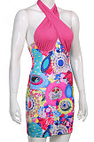 Red Women Printing Spliced Backless Solid Color Cross Hallter Neck Hip Mini Dress HLR17939