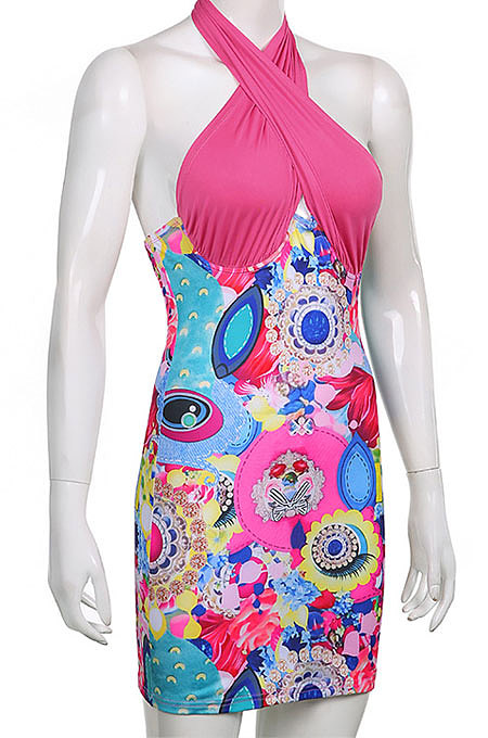 Red Women Printing Spliced Backless Solid Color Cross Hallter Neck Hip Mini Dress HLR17939