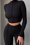Light Blue Women Autumn Mid High Collar Ribber Solid Color Bodycon High Waist Pants Sets Q959-5