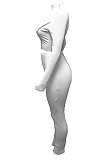 Light Blue Women Autumn Mid High Collar Ribber Solid Color Bodycon High Waist Pants Sets Q959-5