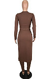 Blue Long Sleeve Round Neck Hollow Out Overlay Tops Pencil Pants Solid Color Sets YNS1609-3