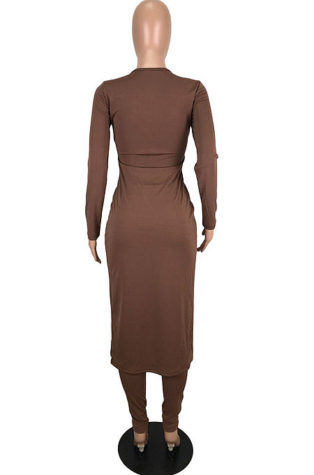 Brown Long Sleeve Round Neck Hollow Out Overlay Tops Pencil Pants Solid Color Sets YNS1609-3