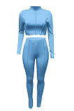 Orange Women Autumn Mid High Collar Ribber Solid Color Bodycon High Waist Pants Sets Q959-3