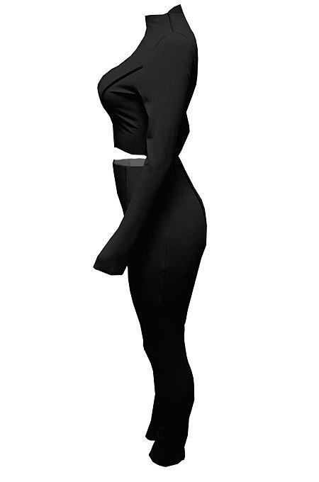 Light Blue Women Autumn Mid High Collar Ribber Solid Color Bodycon High Waist Pants Sets Q959-5