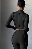 Black Women Autumn Mid High Collar Ribber Solid Color Bodycon High Waist Pants Sets Q959-4