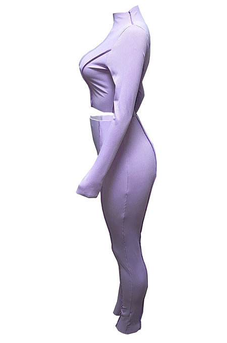 Black Women Autumn Mid High Collar Ribber Solid Color Bodycon High Waist Pants Sets Q959-4