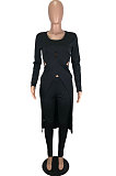 Blue Long Sleeve Round Neck Hollow Out Overlay Tops Pencil Pants Solid Color Sets YNS1609-3