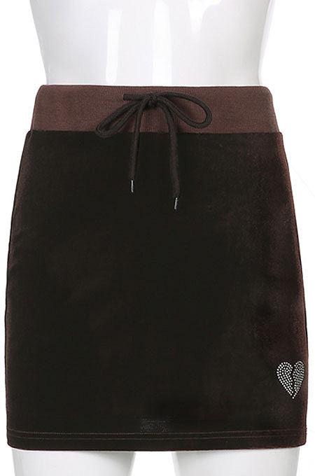 Brown Women Cute Hot Drilling Pleuche Hooded Coat Long Sleeve Zipper Split Skirts Sets HLR17010-2