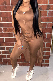 Brown Long Sleeve Round Neck Hollow Out Overlay Tops Pencil Pants Solid Color Sets YNS1609-3