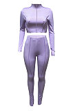 Orange Women Autumn Mid High Collar Ribber Solid Color Bodycon High Waist Pants Sets Q959-3