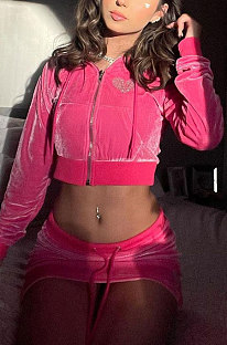 Pink Women Cute Hot Drilling Pleuche Hooded Coat Long Sleeve Zipper Split Skirts Sets HLR17010-1