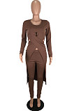 Blue Long Sleeve Round Neck Hollow Out Overlay Tops Pencil Pants Solid Color Sets YNS1609-3