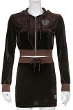 Brown Women Cute Hot Drilling Pleuche Hooded Coat Long Sleeve Zipper Split Skirts Sets HLR17010-2