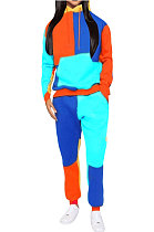 Peacock Blue Newest Spliced Long Sleeve Hoodie Sweat Pants Two-Piece YMT6186-1