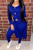 Blue Long Sleeve Round Neck Hollow Out Overlay Tops Pencil Pants Solid Color Sets YNS1609-3