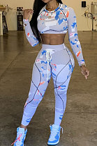 Light Blue Wholesale Autumn Print Long Sleeve Round Neck Crop Top Bodycon Pants Sets YC8052