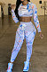 Light Blue Wholesale Autumn Print Long Sleeve Round Neck Crop Top Bodycon Pants Sets YC8052