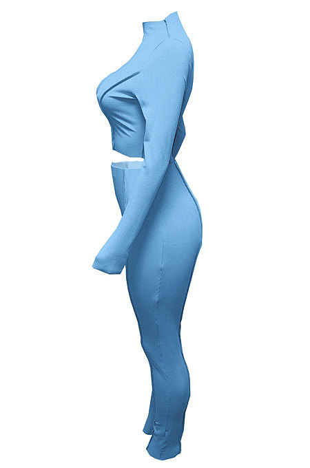Pink Women Autumn Mid High Collar Ribber Solid Color Bodycon High Waist Pants Sets Q959-2